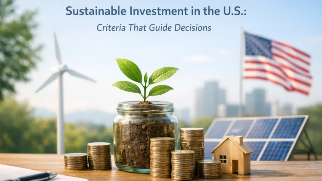 Sustainable investments concept in the U.S. featuring a glass jar with a growing plant surrounded by stacked coins, symbolizing financial growth and eco-friendly investments, with solar panels, wind turbines, and an American flag in the background representing renewable energy and economic sustainability.