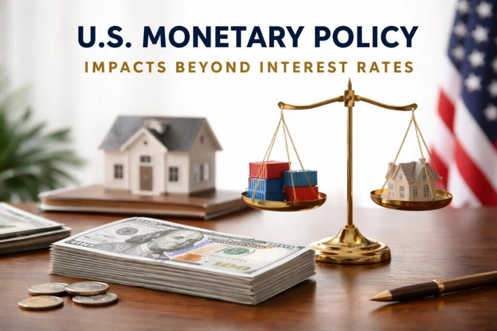 A high-resolution image illustrating the concept of the U.S. economy and monetary policy, featuring a stack of U.S. dollar bills on a wooden desk in the foreground, a golden balance scale comparing miniature houses and shipping containers symbolizing trade and housing dynamics, with a blurred American flag in the background, representing the broader economy and financial system beyond interest rates.