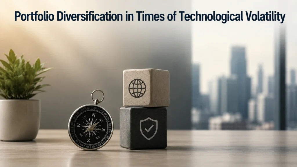 Minimalist and realistic office-style composition about investments and portfolio diversification during technological volatility, featuring a compass beside two stacked cubes with security and global market icons on a wooden desk, soft natural lighting, blurred modern city skyline in the background, and the title “Portfolio Diversification in Times of Technological Volatility” displayed prominently at the top.