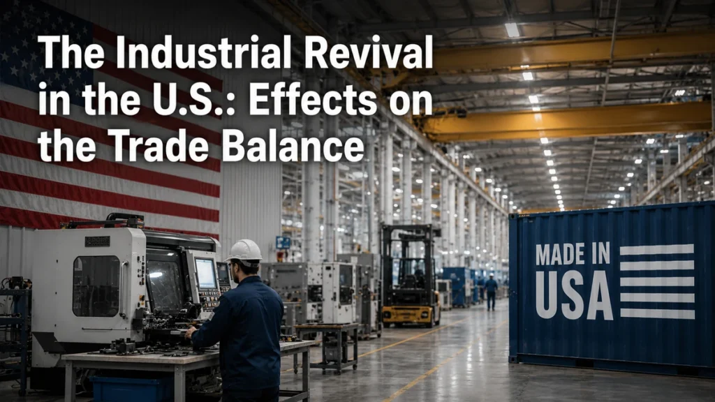 Modern American industrial warehouse with advanced manufacturing machinery, a worker operating industrial equipment, a large U.S. flag in the background, and a blue shipping container labeled “MADE IN USA.” Bold white headline text overlays the image reading “The Industrial Revival in the U.S.: Effects on the Trade Balance.” Realistic lighting, clean industrial atmosphere, and minimal visual noise emphasizing U.S. manufacturing and economy.