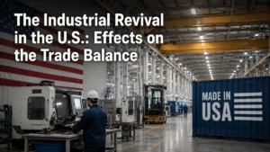 Modern American industrial warehouse with advanced manufacturing machinery, a worker operating industrial equipment, a large U.S. flag in the background, and a blue shipping container labeled “MADE IN USA.” Bold white headline text overlays the image reading “The Industrial Revival in the U.S.: Effects on the Trade Balance.” Realistic lighting, clean industrial atmosphere, and minimal visual noise emphasizing U.S. manufacturing and economy.