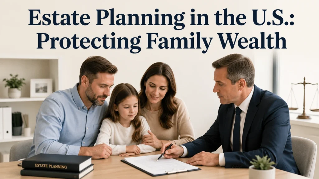 Estate Planning in the U.S.: Protecting Family Wealth. Realistic and minimalist scene in a modern American office showing a family with a child meeting a professional estate planning advisor. The advisor reviews and signs legal documents at a wooden table while the family follows attentively. Neutral colors, soft natural lighting, and subtle legal elements in the background convey trust, inheritance planning, wealth preservation, and long-term family finances in the United States.