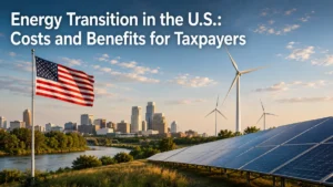 Realistic minimalist banner about the U.S. energy transition economy, showing large solar panels in the foreground, wind turbines on rolling green hills, an American flag beside a river, and a modern U.S. city skyline at sunset. The title “Energy Transition in the U.S.: Costs and Benefits for Taxpayers” appears directly over the sky in large white typography, with balanced contrast and clean visual composition.